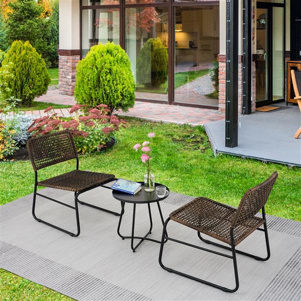 Patio Furniture Set 3 Piece Mixture Pattern PE Rattan Steel Frame And Modern Round Table, Brown and Black