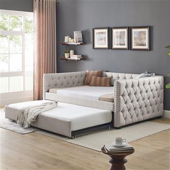 Daybed with Trundle Upholstered Tufted Sofa Bed, with Button and Copper Nail on Square Arms,Full Daybed & Twin Trundle, Beige(85\\"x57\\"x31.5\\")