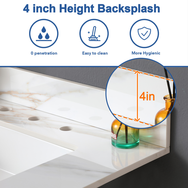 31 Inch Marble Vanity Top, Bathroom Vanity Top with Undermount Rectangular Middle Sink and 4" Height Backsplash, Pre-Drilled Faucet Hole Vanity Top, Three Holes