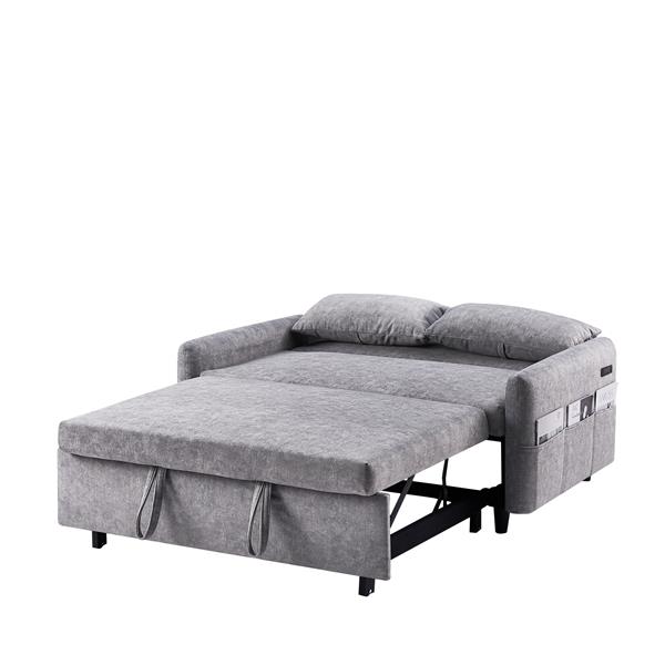 55.1" Pull Out Sleep Sofa Bed Loveseats Sofa Couch with Adjsutable Backrest, Storage Pockets, 2 Soft Pillows, USB Ports for Living Room, Bedroom, Apartment, Office,Grey