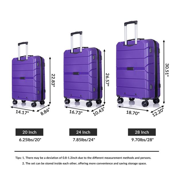 Hardshell Suitcase Spinner Wheels PP Luggage Sets Lightweight Durable Suitcase with TSA Lock,3-Piece Set (20/24/28) ,Purple