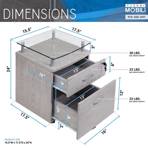 Rolling File Cabinet with Glass Top, Grey