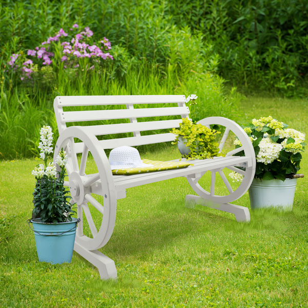 Rustic 2-Person Wooden Wagon Wheel Bench with Slatted Seat and Backrest, White