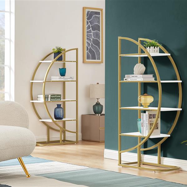 4 Tiers Home Office Open Bookshelf, Round Shape, Different Placement Ways, MDF Board, Gold Metal Frame, White