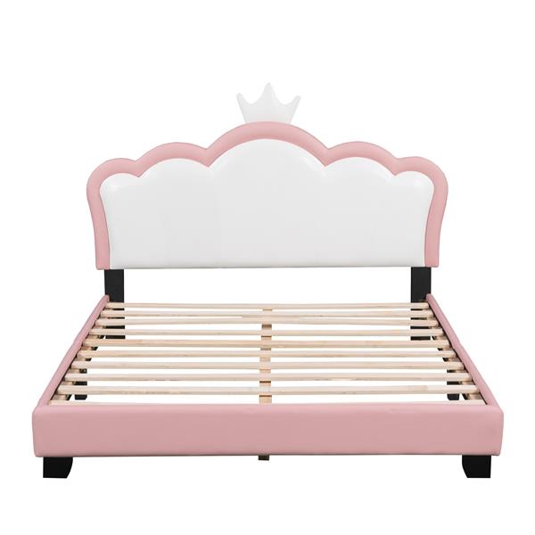 Full size Upholstered Princess Bed With Crown Headboard,Full Size Platform Bed with Headboard and Footboard,White+Pink