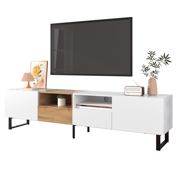 Modern TV Stand with 2 Cabinets& Open Storage Compartment, Color-matching Media Console Table for TVs up to 85'', Entertainment Center with Drop Down Door for Living Room, Bedroom, Home Theatre 