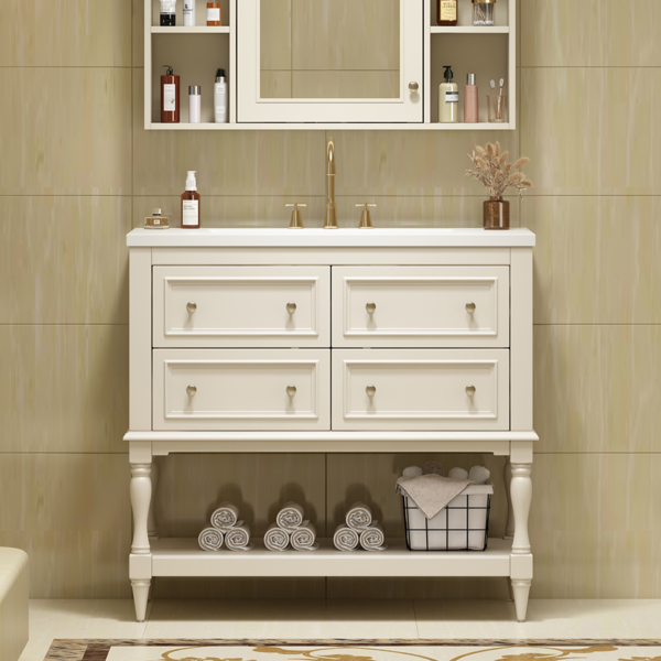 36" Bathroom Vanity Cabinet with Sink Combo Set, Undermount Resin Sink, Free Standing Vanity Set with 4 Drawers, Solid Wood Frame Bathroom Cabinet, Beige 