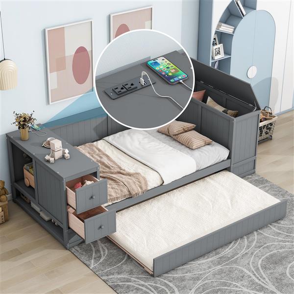 Twin Size Daybed with Storage Arms, Trundle and Charging Station, Gray