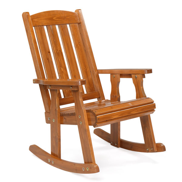 Teak color fir vertical stripe back wooden rocking chair