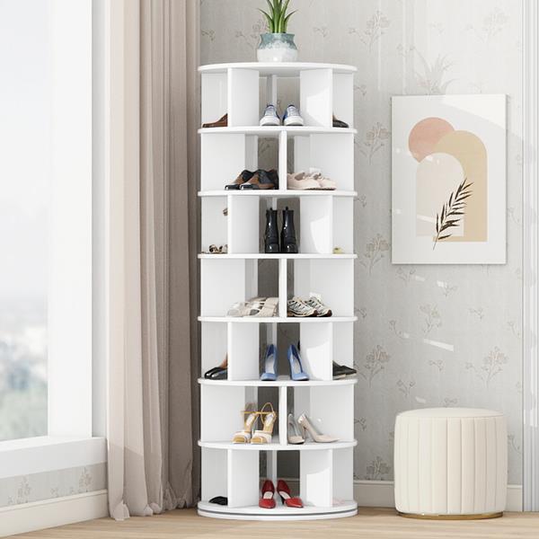 Φ23.6'' Rotating Shoe Rack Tower, 7-Tier Spinning Shoe Shelf with 5 Grids Per Layer, Display Rack, 360° Revolving Shoe Carousel Closet Organizer for Entryway, Living Room, White