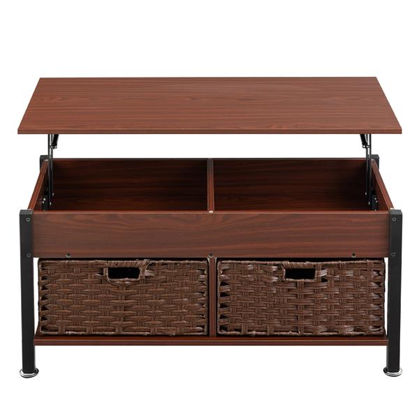 Metal coffee table,desk,with a lifting table,and hidden storage space.There were two removable wicker baskets that could be placed in any space such as the living room,color:brownwith solid wood grain