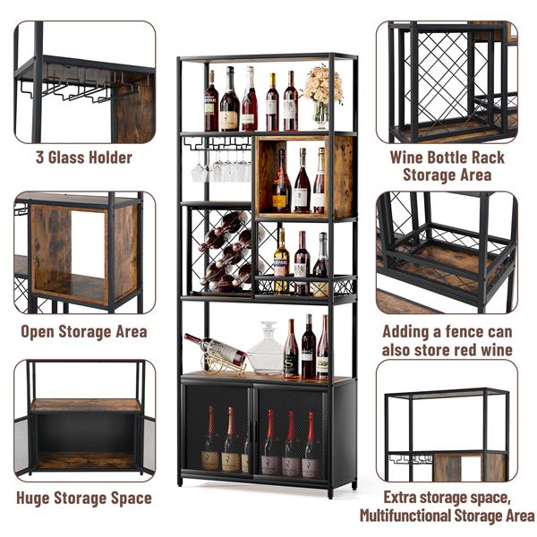 82.7" Industrial Tall Black Bar Wine Rack Cabinet with Glass Holder Wood Home Bar Cabinet