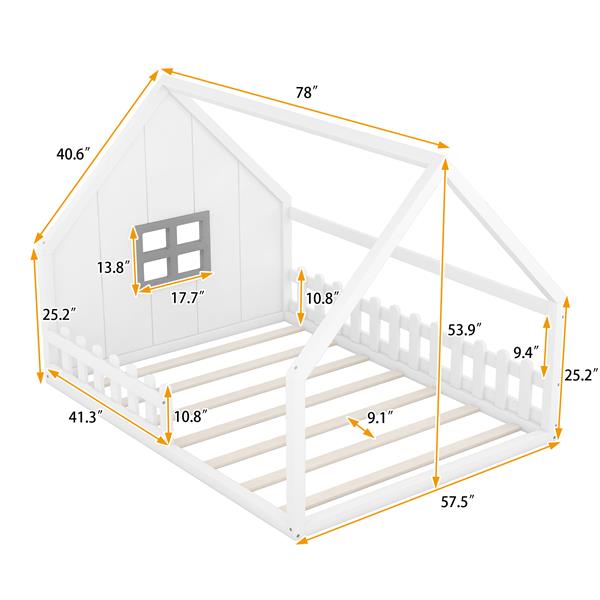 Full Size Wood House Bed with Window and Fence, White