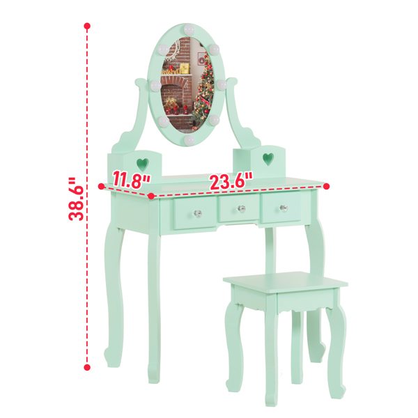 FCH Kids Vanity Set with Mirror and Lights and Stool, 5 Storage Drawers, Pretend Play Princess Makeup Desk Dressing Table and Stool Set for Little Girls Age 3+, Macaroon Green