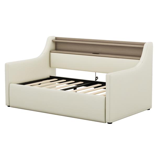 Twin Size Daybed with Hydraulic Storage, Upholstered Daybed with Lift Up Storage, Twin Leather Daybed with Charging Station and LED Lights,Beige