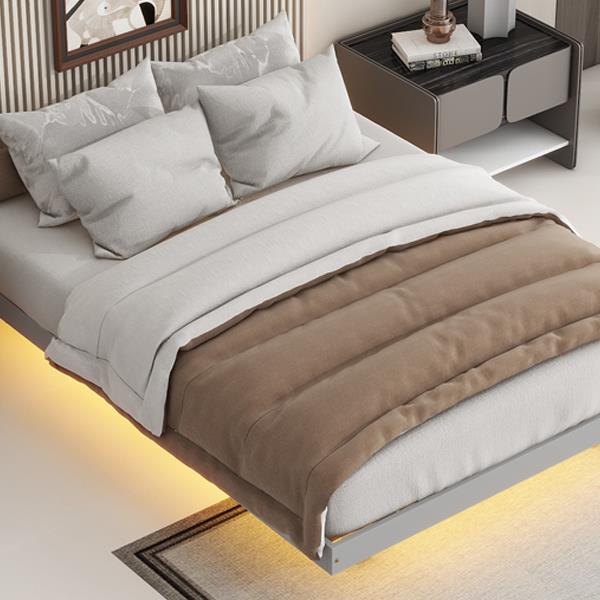 Full Size Floating Bed with LED Lights Underneath,Modern Full Size Low Profile Platform Bed with LED Lights,Grey