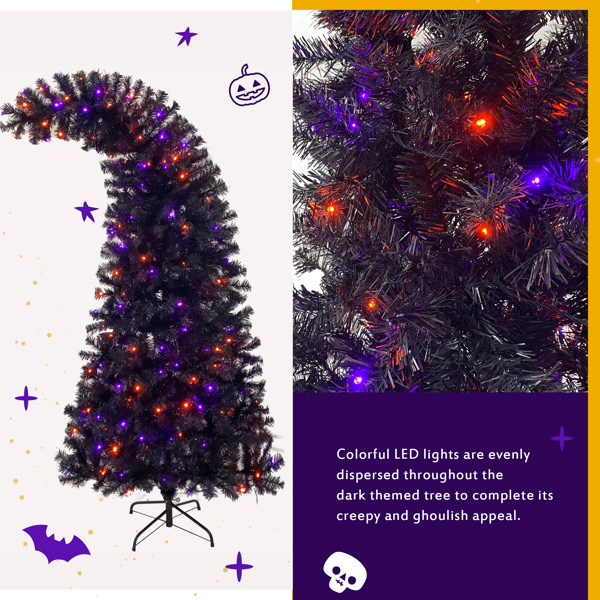 6FT Artificial Fir Bent Top Halloween Christmas Tree, Xmas Tree Bendable Grinch Style Christmas Tree Holiday Decoration w/1,080 Lush Branch Tips, 300 LED Lights X-mas Halloween Style 