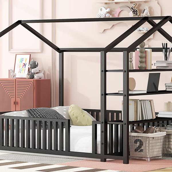 Full Size Metal House Bed with Fence and Detachable Storage Shelves, Black