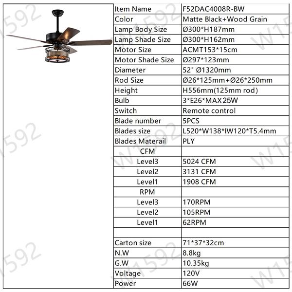 52 Inch Farmhouse 3 Lights Ceiling Fan with 5 Wood Blades, Two-color fan blade, AC Motor, Remote Control, Reversible Airflow, Multi-Speed, Adjustable Height, Traditional Ceiling Fa (No include Bulbs)