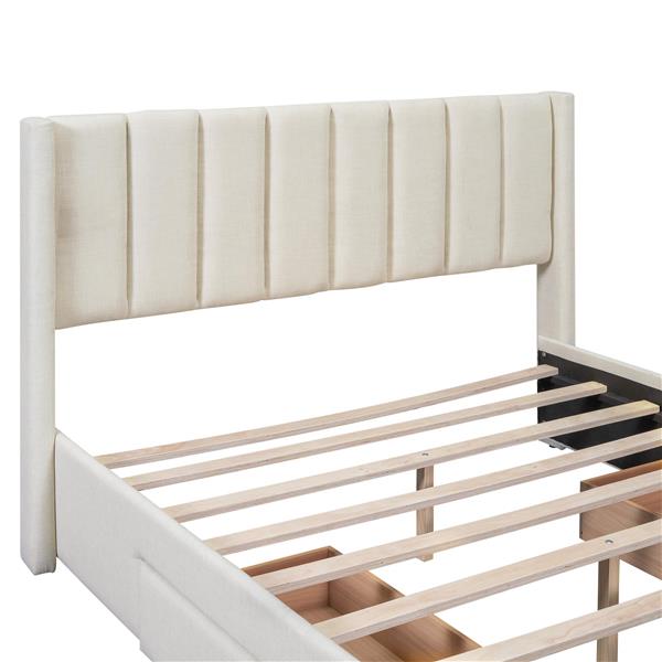 Full Size Upholstered Platform Bed with One Large Drawer in the Footboard and Drawer on Each Side,Beige