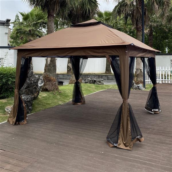 Outdoor 11x 11Ft Pop Up Gazebo Canopy With Removable Zipper Netting,2-Tier Soft Top Event Tent,Suitable For Patio Backyard Garden Camping Area with 4 Sandbags,Brown