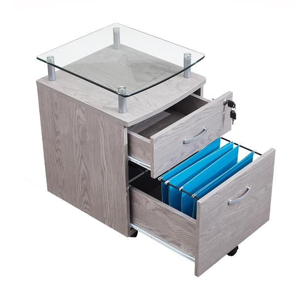 Rolling File Cabinet with Glass Top, Grey