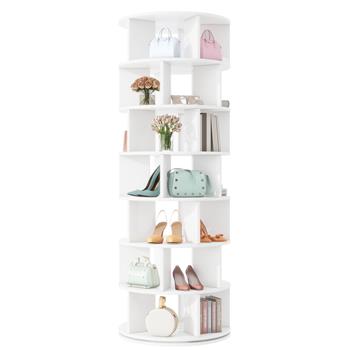 Φ23.6\\'\\' Rotating Shoe Rack Tower, 7-Tier Spinning Shoe Shelf with 5 Grids Per Layer, Display Rack, 360° Revolving Shoe Carousel Closet Organizer for Entryway, Living Room, White