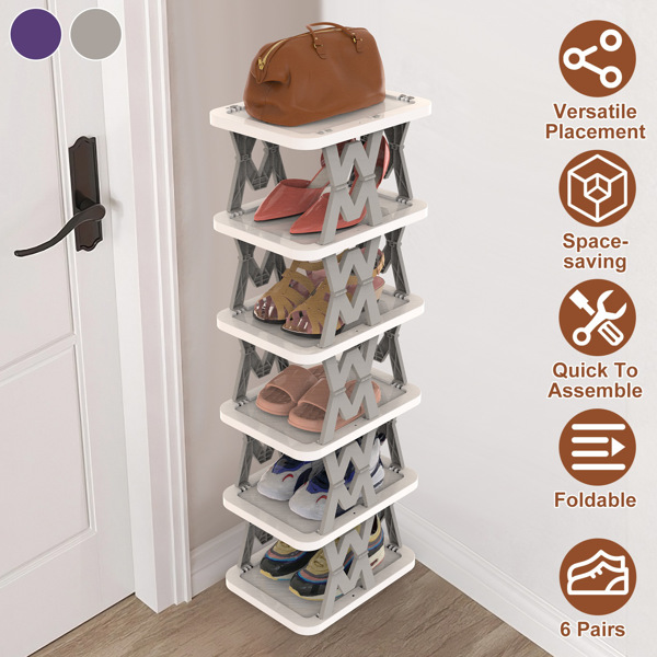 6 Tier Foldable Shoe Rack Vertical Shoe Organizer Narrow Shoe Rack for Small Spaces Space Saving Free Standing for Corner Entryway Hallway Bedroom