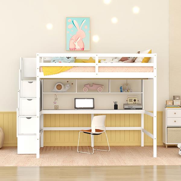 Full Size Loft Bed with Built-in Desk, Bookshelves and Storage Staircase,White