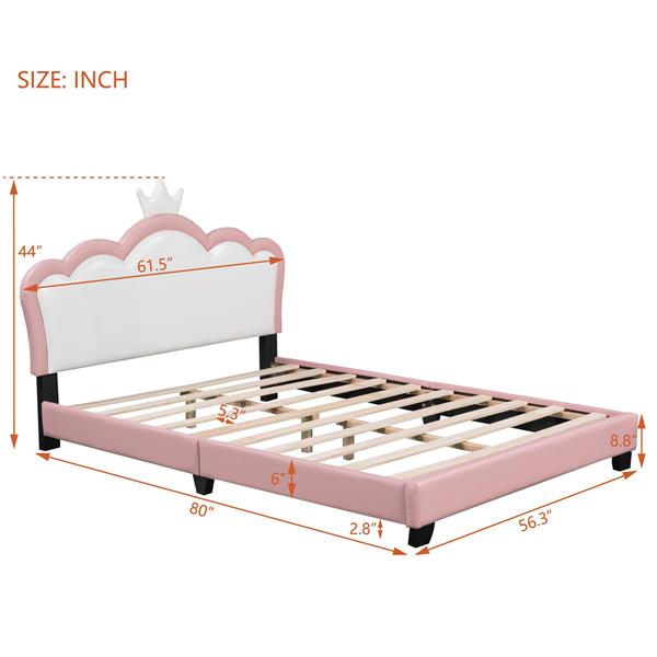 Full size Upholstered Princess Bed With Crown Headboard,Full Size Platform Bed with Headboard and Footboard,White+Pink