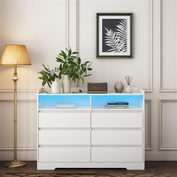 6 Drawer Dresser, White Dresser for Bedroom with LED Lights, Modern Dressers & Chests of Drawers with Sturdy Frame for Living Room, Entryway, Hallway