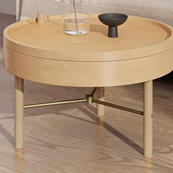 Modern Round Wood Rotating Tray Coffee Table with Storage & Metal Legs in Natural