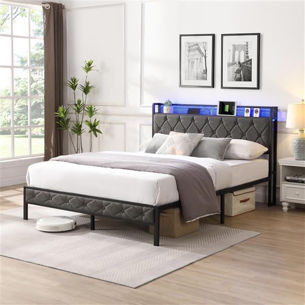 Full Bed Frame with  Storage Headboard, Charging Station and LED Lights, Upholstered Platform Bed with Heavy Metal Slats, No Box Spring Needed, Noise Free, Easy Assembly, Dark Gray