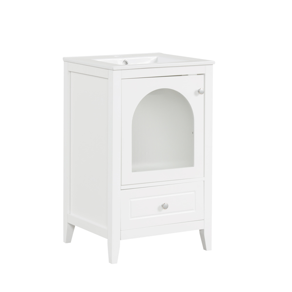 20" Bathroom Vanity with Sink, Bathroom Cabinet with Soft Closing Glass Door, A Drawer, White 