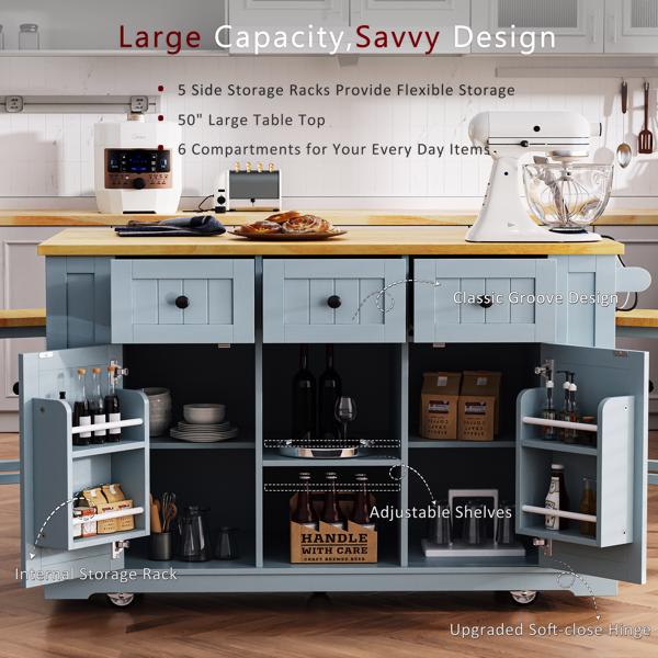 53inch Large Kitchen Island with Drop Leaf,Power Outlet,Door Internal Storage Rack,Rolling Kitchen Cart on 5 Wheels with 5 Open Side Racks for Kitchen,Dining Room,Grey Blue(Not include bar stools) 