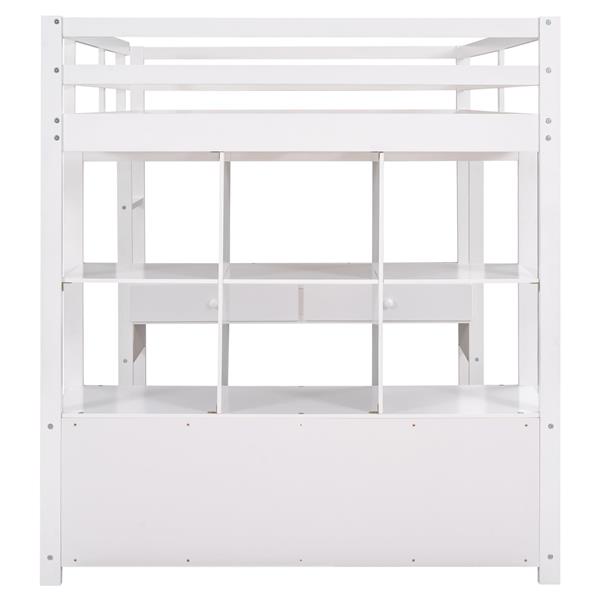 Full Size Loft Bed with Built-in Desk with Two Drawers, and Storage Shelves and Drawers,White