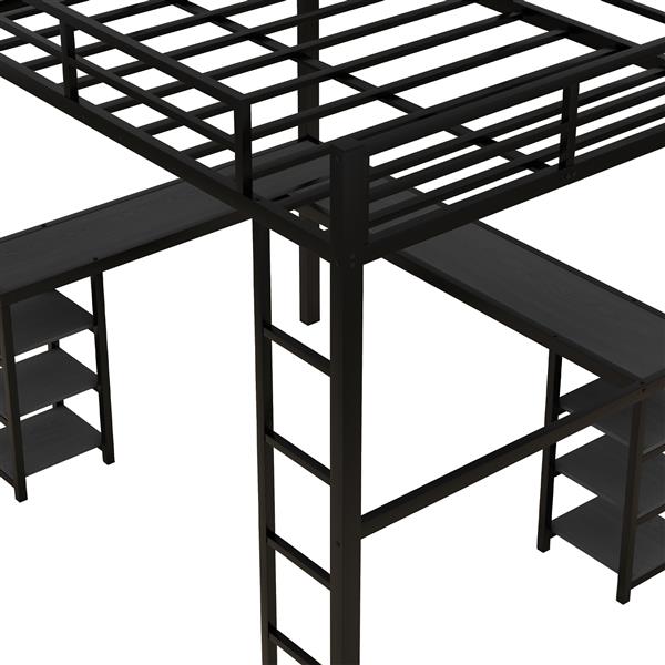 Full Metal Loft Bed with Desk and Shelves, Loft Bed with Ladder and Guardrails, Loft Bed Frame for Bedroom, Black with black desk