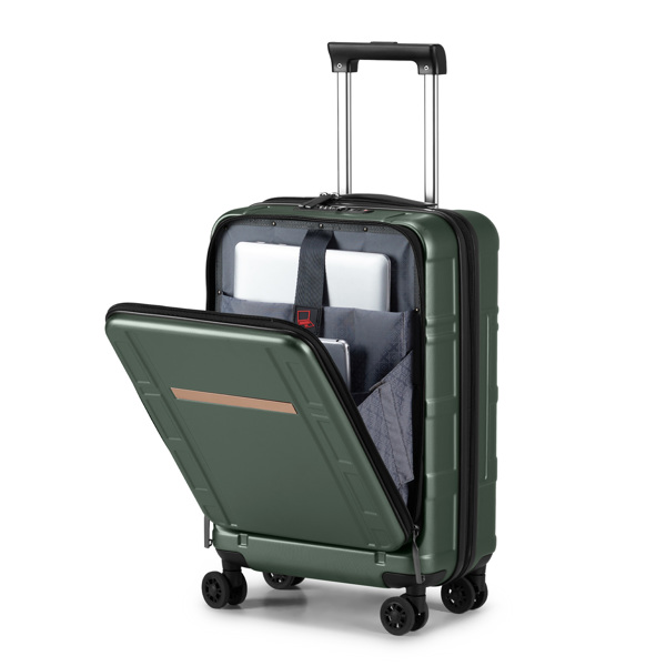 Carry on Luggage 22 X 14 X 9 Airline Approved, ABS+PC 20 Inch Luggage with Front Compartment, Double Spinner Wheels, TSA Lock，Dark Green Color