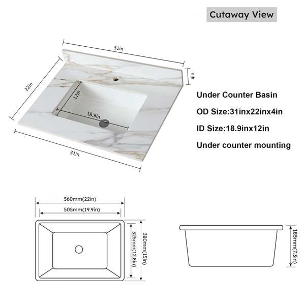 31 Inch Marble Vanity Top, Bathroom Vanity Top with Undermount Rectangular Middle Sink and 4" Height Backsplash, Pre-Drilled Faucet Hole Vanity Top, Single Hole