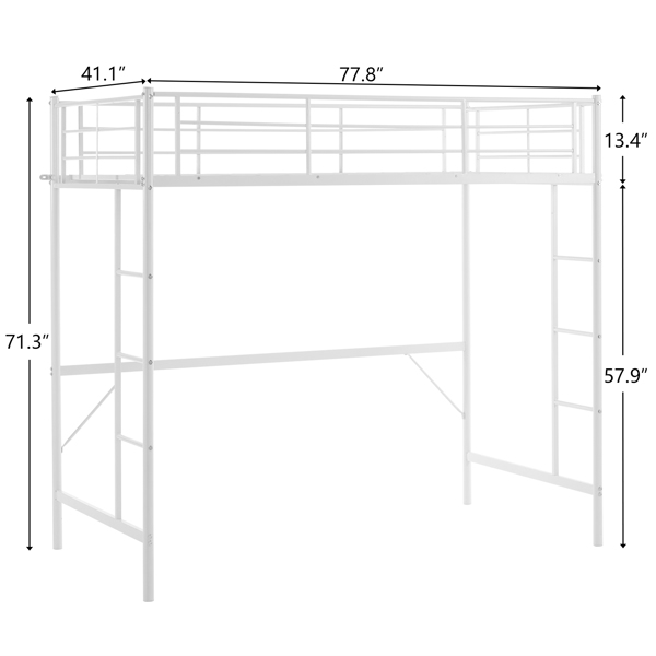 Twin Size Metal Loft Bed with Safety Guardrails & 2 Built-in Ladders, Loft Bunk Bed Frame for Teens Juniors Adults, Space Saving, Noise Free, No Box Spring Needed, White