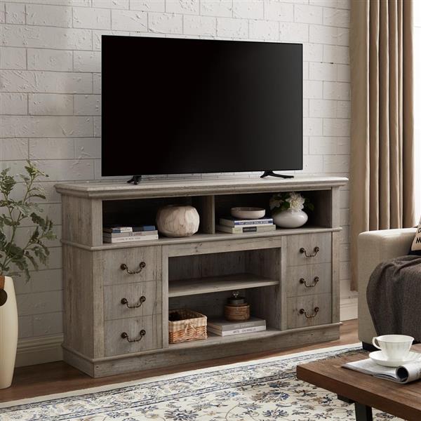 Traditional TV Media Stand Farmhouse Rustic Entertainment Console for TV Up to 65" with Open and Closed Storage Space, Light Gray, 60"W*15.75"D*34.25"H