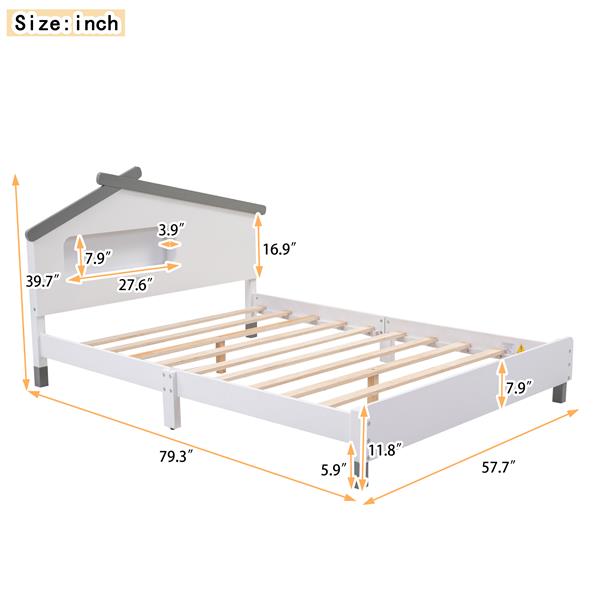 Full Size Wood Platform Bed with House-shaped Headboard and Motion Activated Night Lights (White+Gray)