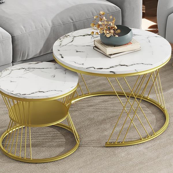 [VIDEO provided] Φ27.5'' & Φ17.7'' Nesting Coffee Table with Marble Grain Table Top, Golden Iron Frame Round Coffee Table, Set of 2, for Living Room, Balcony, White