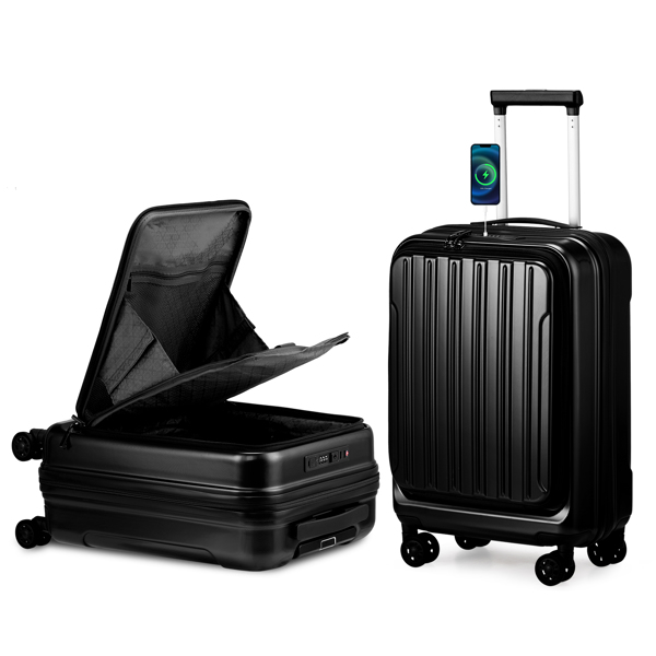 Expandable Carry on Luggage 22 ×14 × 9 Airline Approved with USB Port, ABS+PC 20 Inch  Luggage with Front Compartment, Double Spinner Wheels, TSA Lock, Black