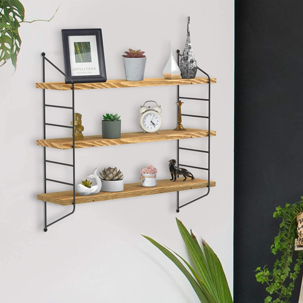 23-Inch Modern Industrial Metal and Torched Wood Adjustable Wall Mounted 3-Tier Display Floating Shelf