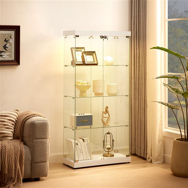 4-Tier Glass Display Cabinet, Double Door Glass Cabinet, Four Partitions, Two Locks, Floor Standing Storage Cabinet for Living Room, Bedroom, Showroom and Office, White, 31.5"L x 14.2"W x 66.3"H