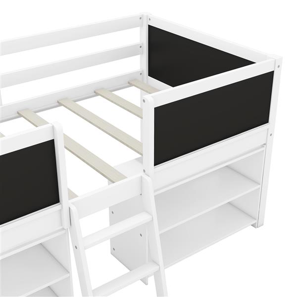 Twin Size Low Loft Bed with Two Movable Shelves and Ladder,with Decorative Guardrail Chalkboard,White