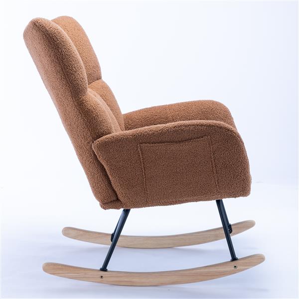 Rocking Chair with Pocket, Soft Teddy Fabric Rocking Chair for Nursery, Comfy Wingback Glider Rocker with Safe Solid Wood Base for Living Room Bedroom Balcony (brown)