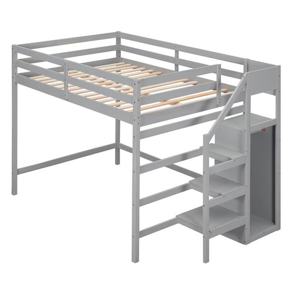 Full Size Loft Bed with Built-in Storage Wardrobe and Staircase, Gray