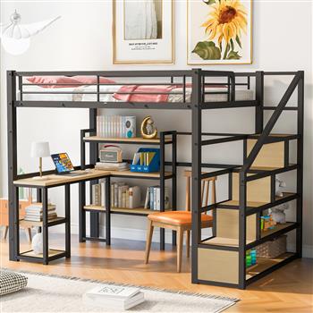 Full Size Metal Loft bed with Staircase, Built-in Desk and Shelves, Black